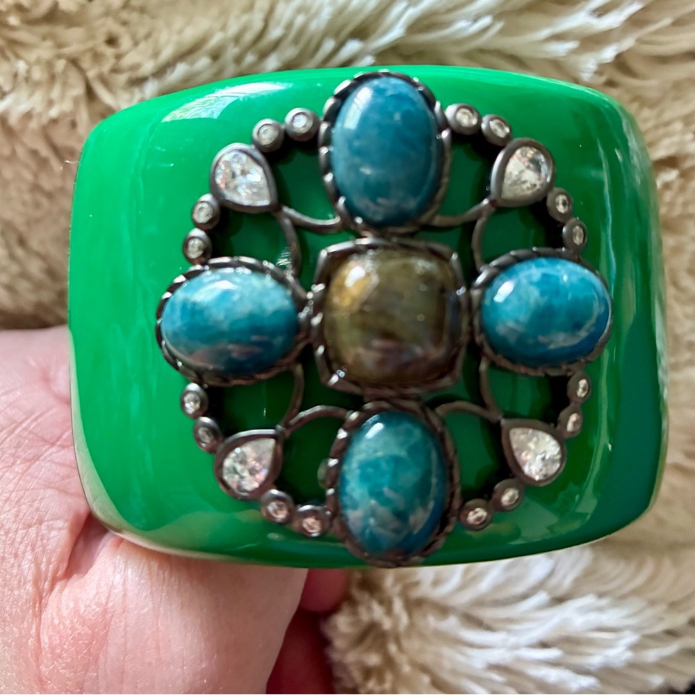 Green Resin Cuff Bracelet with Blue Stone Medallion